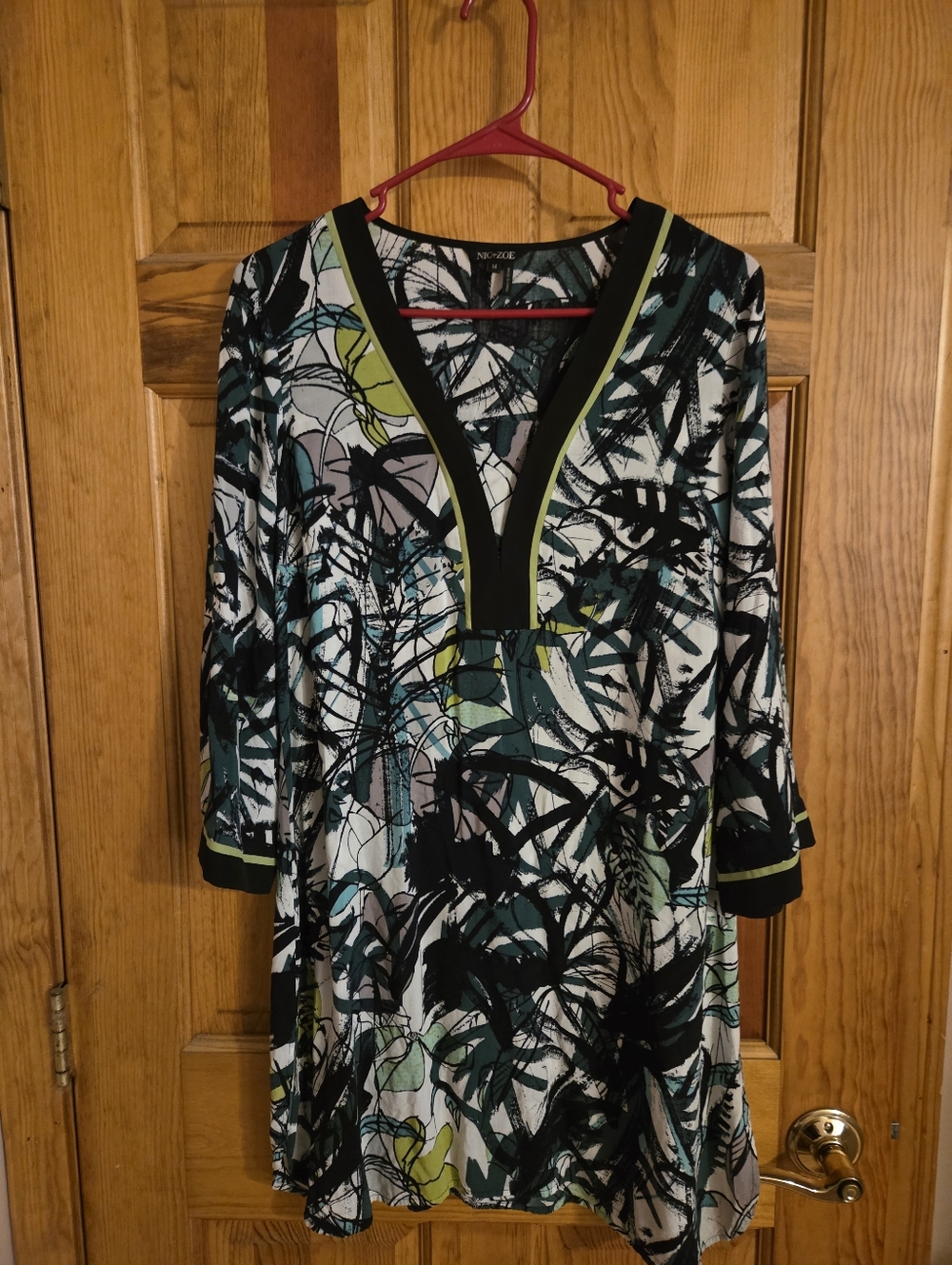 Nic & Zoe Abstract Palm-Print V-Neck Tunic - Teal & Lime